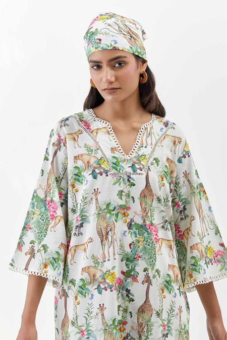 Chrkha_Ivory Cotton, Linen Split V-neck Safari Kaftan Dress _Online_at_Aza_Fashions