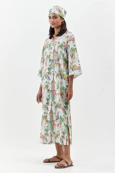 Buy_Chrkha_Ivory Cotton, Linen Split V-neck Safari Kaftan Dress _Online_at_Aza_Fashions