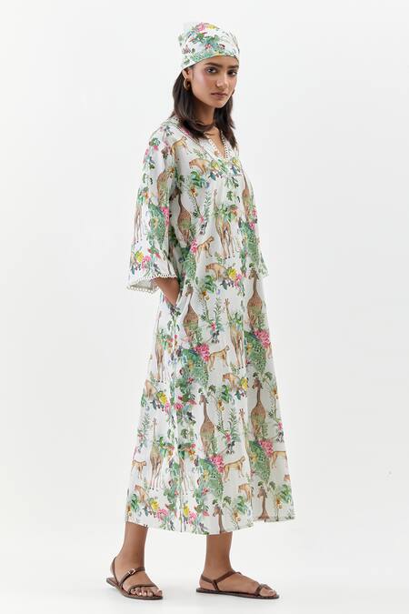 Shop_Chrkha_Ivory Cotton, Linen Split V-neck Safari Kaftan Dress _Online_at_Aza_Fashions