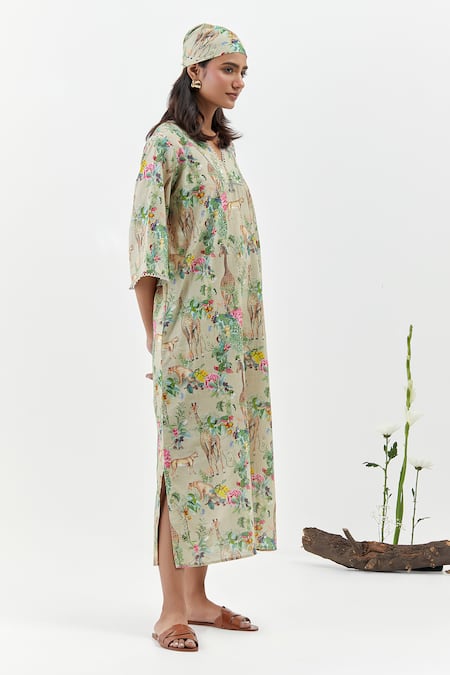 Chrkha_Beige Cotton V-neck Safari Brown Kaftan Dress _Online_at_Aza_Fashions