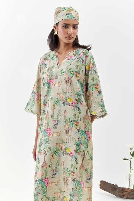 Buy_Chrkha_Beige Cotton V-neck Safari Brown Kaftan Dress _Online_at_Aza_Fashions