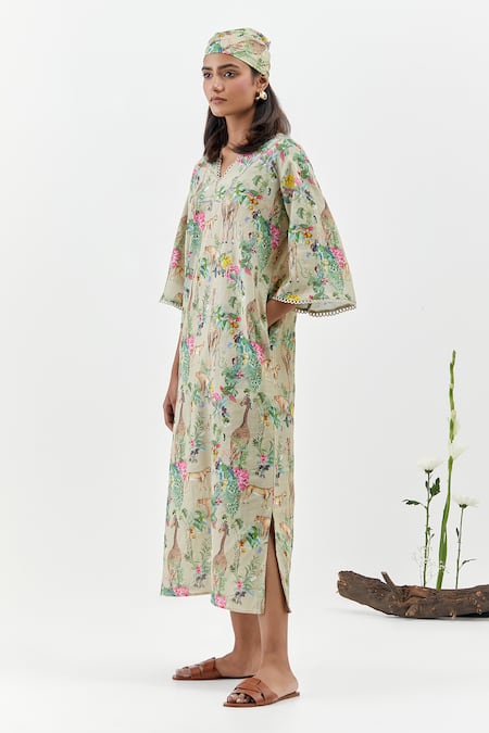 Shop_Chrkha_Beige Cotton V-neck Safari Brown Kaftan Dress _Online_at_Aza_Fashions