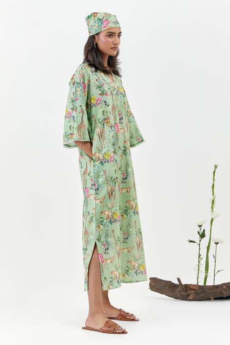Chrkha_Green Cotton, Linen Lace Split V-neck Safari-green Kaftan Dress _Online_at_Aza_Fashions