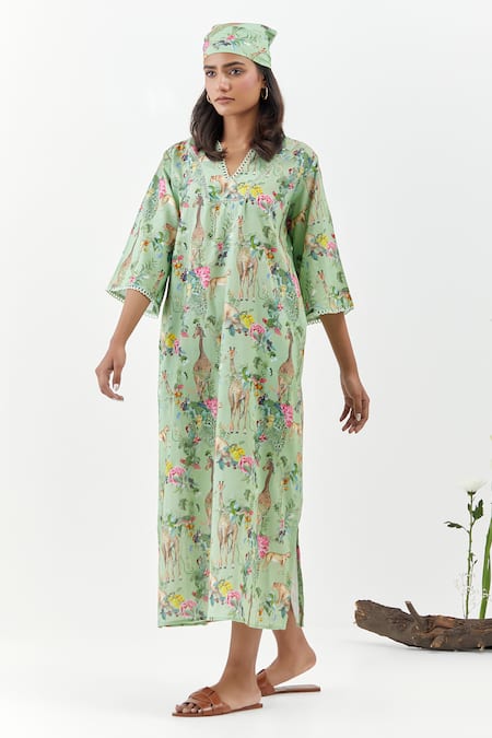 Buy_Chrkha_Green Cotton, Linen Lace Split V-neck Safari-green Kaftan Dress _Online_at_Aza_Fashions