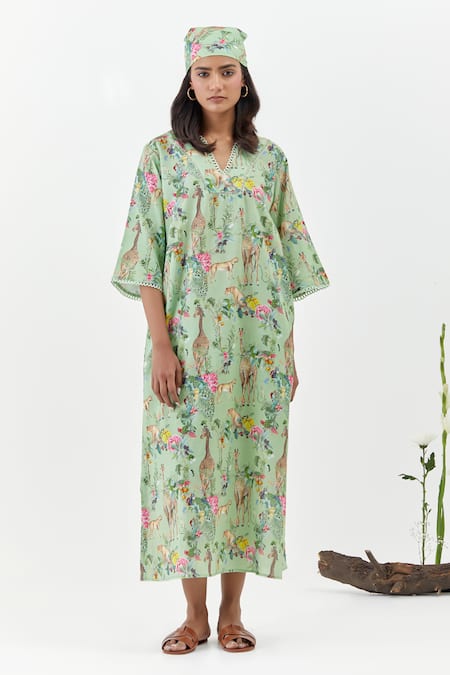 Chrkha Safari-Green Kaftan Dress 