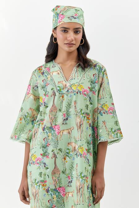 Shop_Chrkha_Green Cotton, Linen Lace Split V-neck Safari-green Kaftan Dress _Online_at_Aza_Fashions