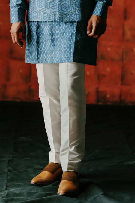 Drishti & Zahabia_Blue Silk, Cotton Embroidery Indigo Printed Kurta Set _Online_at_Aza_Fashions