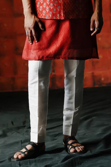 Buy_Drishti & Zahabia_Red Silk, Chanderi Silk, Cotton Brick Printed Bundi Kurta Set _Online_at_Aza_Fashions