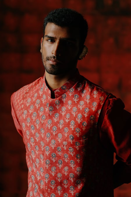 Shop_Drishti & Zahabia_Red Silk, Chanderi Silk, Cotton Brick Printed Bundi Kurta Set _Online_at_Aza_Fashions