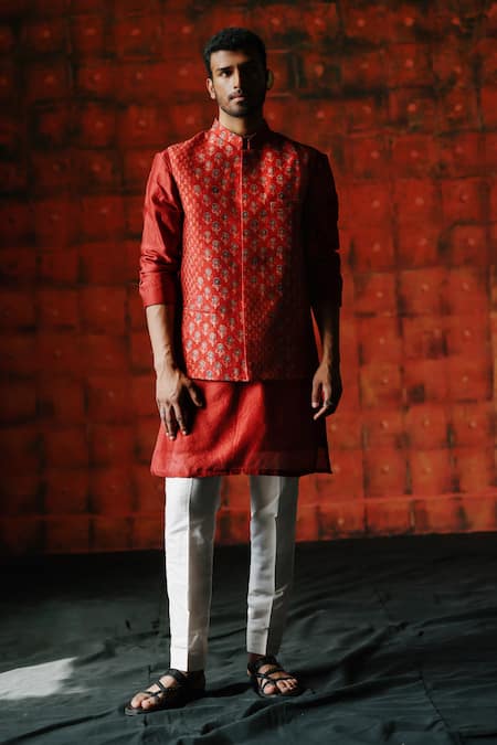 Drishti & Zahabia Brick Red Printed Bundi Kurta Set 