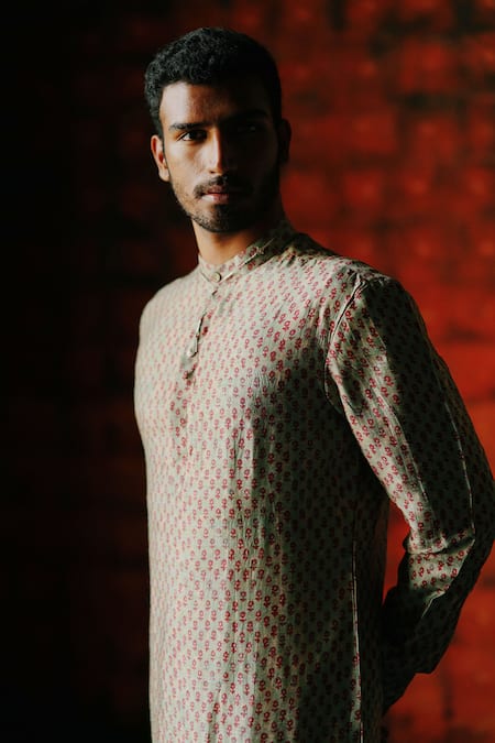 Drishti & Zahabia_Multi Color Silk, Cotton Mint Printed Kurta Set _Online_at_Aza_Fashions