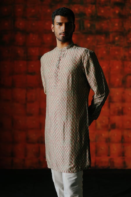 Shop_Drishti & Zahabia_Multi Color Silk, Cotton Mint Printed Kurta Set _Online_at_Aza_Fashions