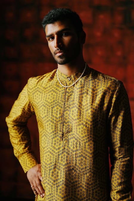 Buy_Drishti & Zahabia_Yellow Silk, Cotton Printed Dupion Kurta Set _Online_at_Aza_Fashions