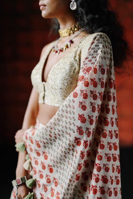 Shop_Drishti & Zahabia_Gold Silk, Dupion Sequins, Mirrors, Tassels Pearl Ajrakh Printed Lehenga Set _Online_at_Aza_Fashions