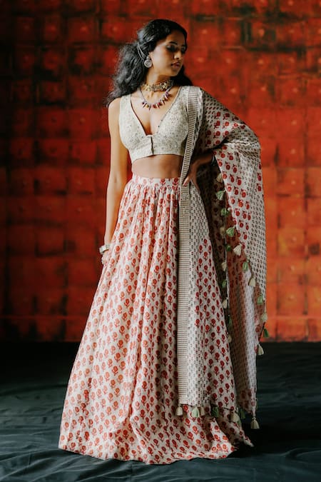 Drishti & Zahabia Pearl Ajrakh Printed Lehenga Set 