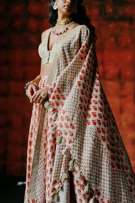 Drishti & Zahabia_Gold Silk, Dupion Sequins, Mirrors, Tassels Pearl Ajrakh Printed Lehenga Set _at_Aza_Fashions