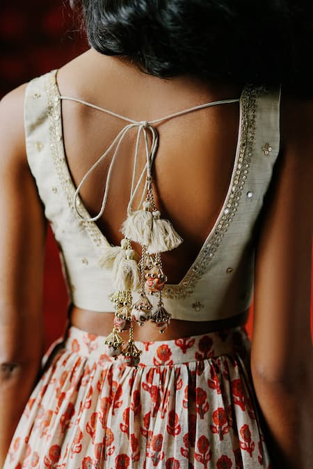 Buy_Drishti & Zahabia_Gold Silk, Dupion Sequins, Mirrors, Tassels Pearl Ajrakh Printed Lehenga Set 