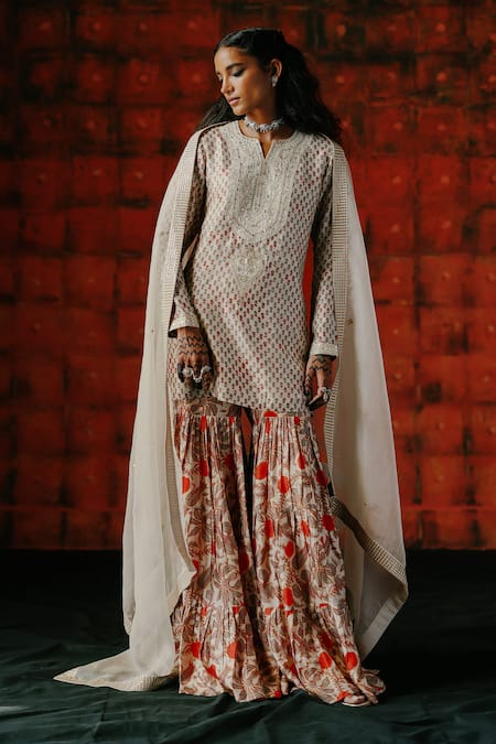 Drishti & Zahabia_White Silk, Organza Sequins, Mirrors Round Neck Pearl Print Ajrakh Sharara Set _Online_at_Aza_Fashions