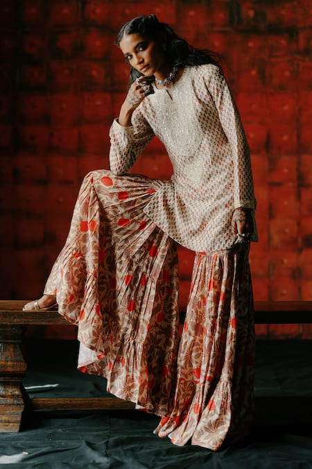 Buy_Drishti & Zahabia_White Silk, Organza Sequins, Mirrors Round Neck Pearl Print Ajrakh Sharara Set _Online_at_Aza_Fashions