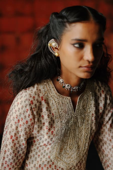 Shop_Drishti & Zahabia_White Silk, Organza Sequins, Mirrors Round Neck Pearl Print Ajrakh Sharara Set _Online_at_Aza_Fashions