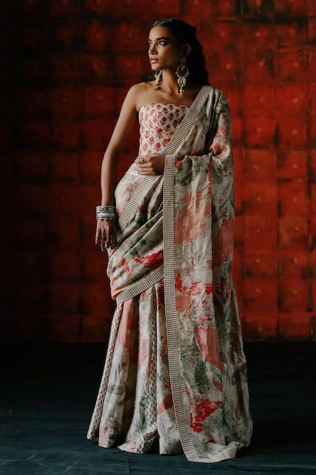 Shop_Drishti & Zahabia_Multi Color Silk, Denim Sequins, Pearl Printed Pre Draped Saree And Corset Set _at_Aza_Fashions
