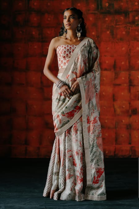 Buy_Drishti & Zahabia_Multi Color Silk, Denim Sequins, Pearl Printed Pre Draped Saree And Corset Set _Online_at_Aza_Fashions