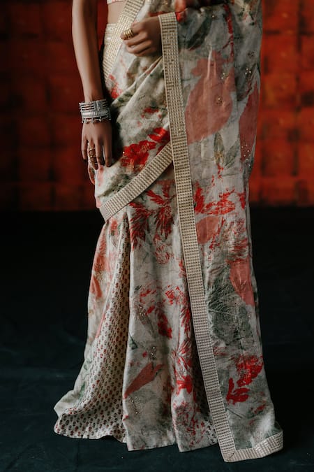 Shop_Drishti & Zahabia_Multi Color Silk, Denim Sequins, Pearl Printed Pre Draped Saree And Corset Set _Online_at_Aza_Fashions