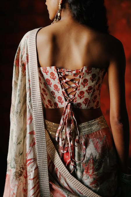 Drishti & Zahabia_Multi Color Silk, Denim Sequins, Pearl Printed Pre Draped Saree And Corset Set _at_Aza_Fashions