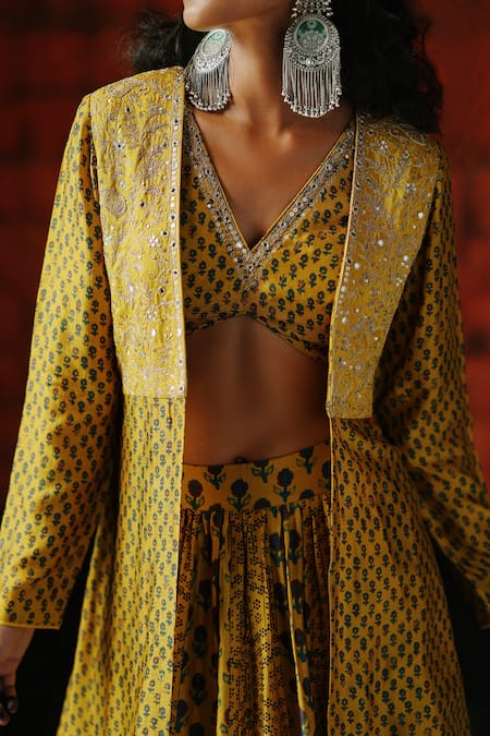 Buy_Drishti & Zahabia_Yellow Silk Sequins, Zari, Mirrors V-neck, Amber Printed Lehenga Set With Jacket _Online_at_Aza_Fashions