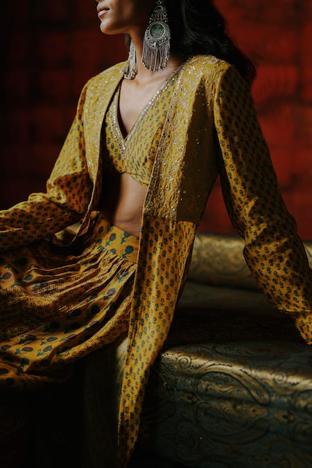 Shop_Drishti & Zahabia_Yellow Silk Sequins, Zari, Mirrors V-neck, Amber Printed Lehenga Set With Jacket _Online_at_Aza_Fashions