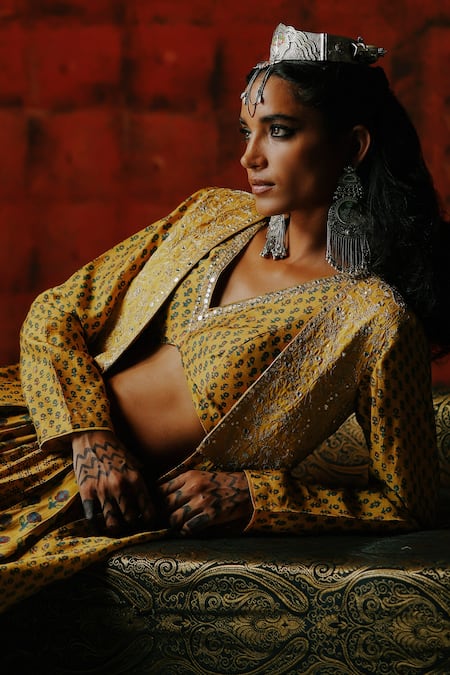 Drishti & Zahabia_Yellow Silk Sequins, Zari, Mirrors V-neck, Amber Printed Lehenga Set With Jacket _at_Aza_Fashions