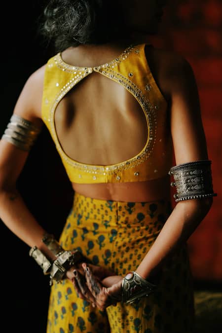 Drishti & Zahabia_Yellow Silk, Crepe Sequins, Mirrors Round Amber Printed Crop Top And Palazzo Set _Online_at_Aza_Fashions