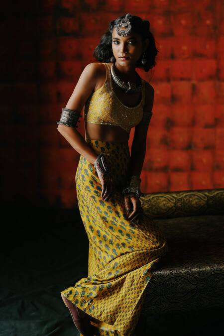 Buy_Drishti & Zahabia_Yellow Silk, Crepe Sequins, Mirrors Round Amber Printed Crop Top And Palazzo Set _Online_at_Aza_Fashions