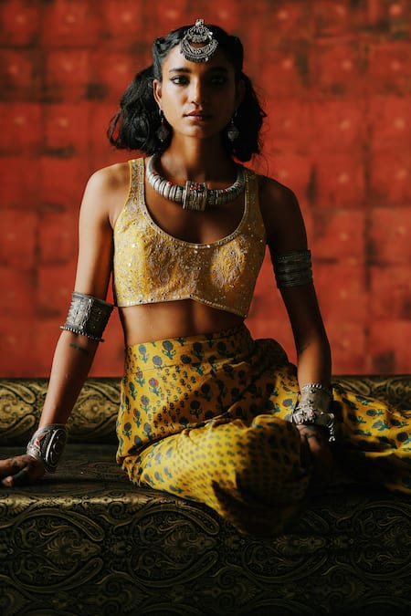 Shop_Drishti & Zahabia_Yellow Silk, Crepe Sequins, Mirrors Round Amber Printed Crop Top And Palazzo Set _Online_at_Aza_Fashions
