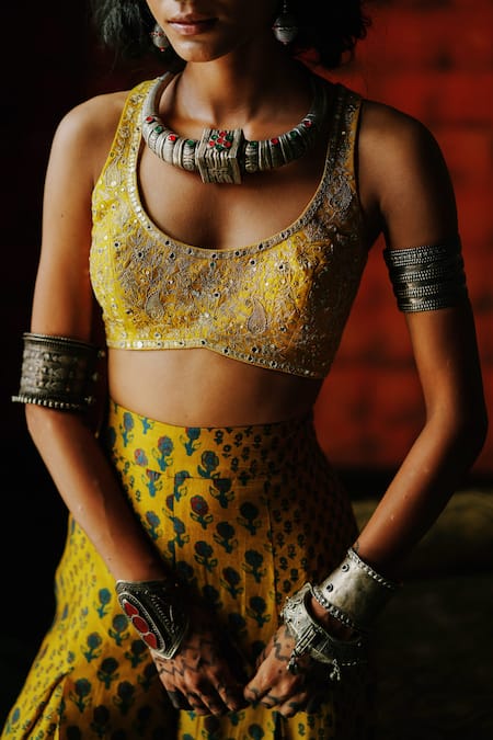Drishti & Zahabia_Yellow Silk, Crepe Sequins, Mirrors Round Amber Printed Crop Top And Palazzo Set _at_Aza_Fashions