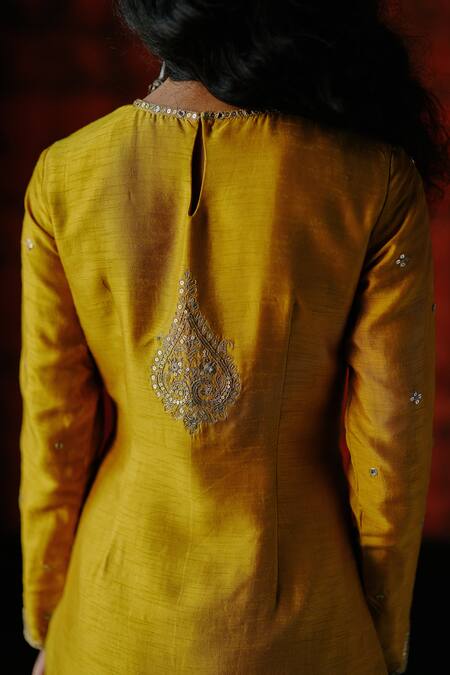 Drishti & Zahabia_Yellow Silk Sequins, Mirrors Round Neck Amber Ajrakh Print Kurta Set _at_Aza_Fashions