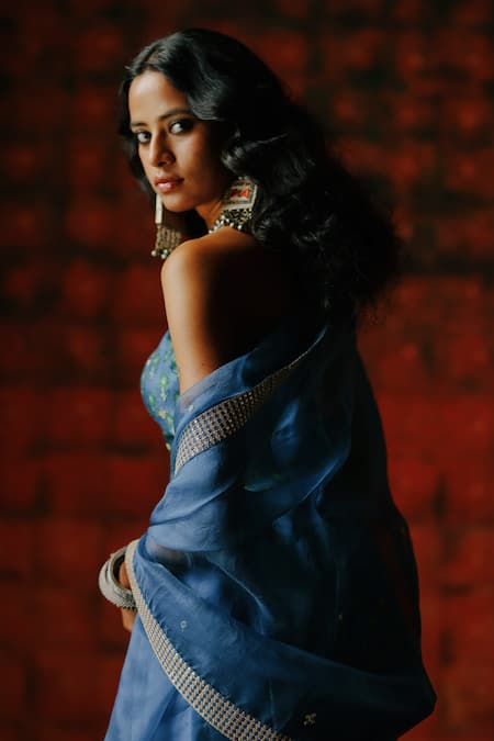 Drishti & Zahabia_Blue Silk, Organza Sequins, Zari, Mirrors Halter Neck Indigo Printed Sharara Set _Online_at_Aza_Fashions