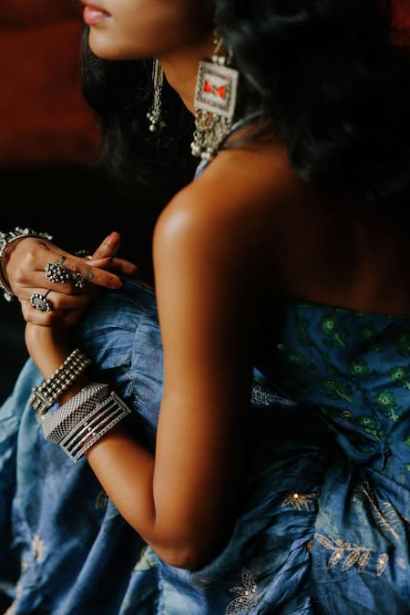 Buy_Drishti & Zahabia_Blue Silk, Organza Sequins, Zari, Mirrors Halter Neck Indigo Printed Sharara Set _Online_at_Aza_Fashions