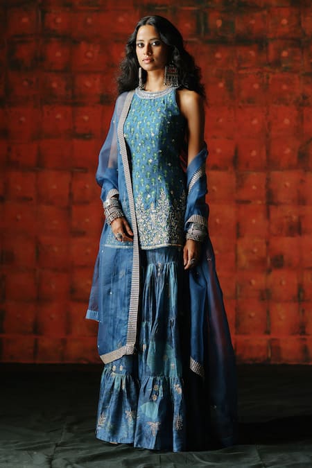 Shop_Drishti & Zahabia_Blue Silk, Organza Sequins, Zari, Mirrors Halter Neck Indigo Printed Sharara Set _Online_at_Aza_Fashions