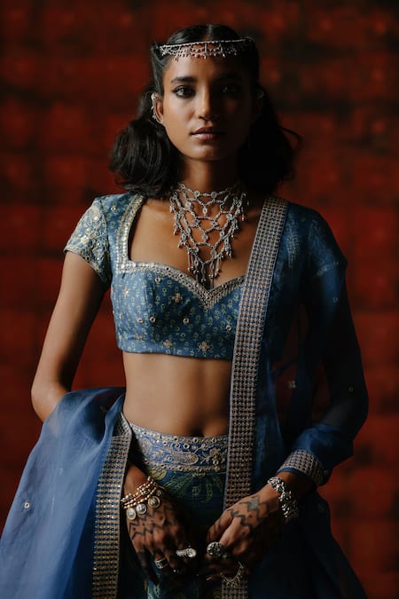 Drishti & Zahabia_Blue Dupion, Silk, Organza Zari, Sequins, Indigo Ajrakh Printed Lehenga Set _Online_at_Aza_Fashions