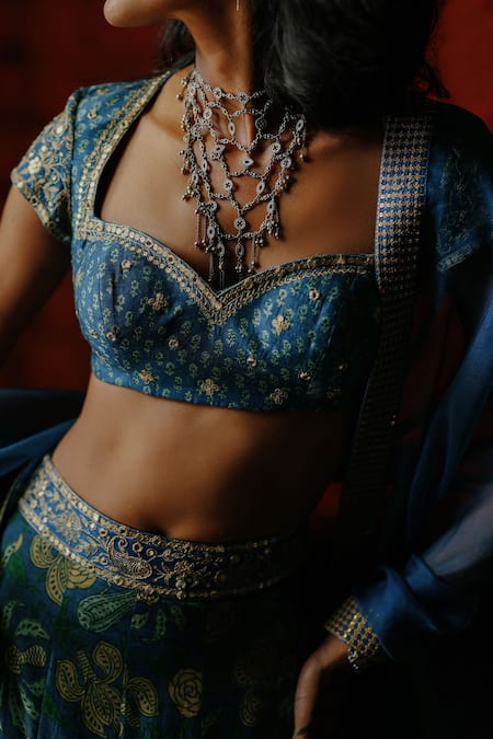 Buy_Drishti & Zahabia_Blue Dupion, Silk, Organza Zari, Sequins, Indigo Ajrakh Printed Lehenga Set _Online_at_Aza_Fashions