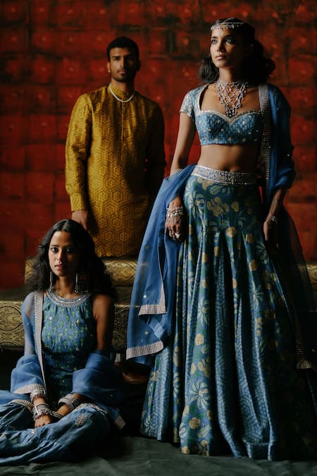 Shop_Drishti & Zahabia_Blue Dupion, Silk, Organza Zari, Sequins, Indigo Ajrakh Printed Lehenga Set _Online_at_Aza_Fashions