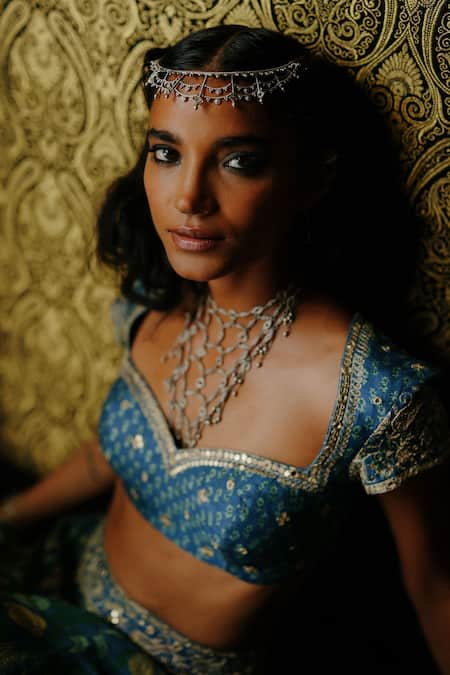 Drishti & Zahabia_Blue Dupion, Silk, Organza Zari, Sequins, Indigo Ajrakh Printed Lehenga Set _at_Aza_Fashions