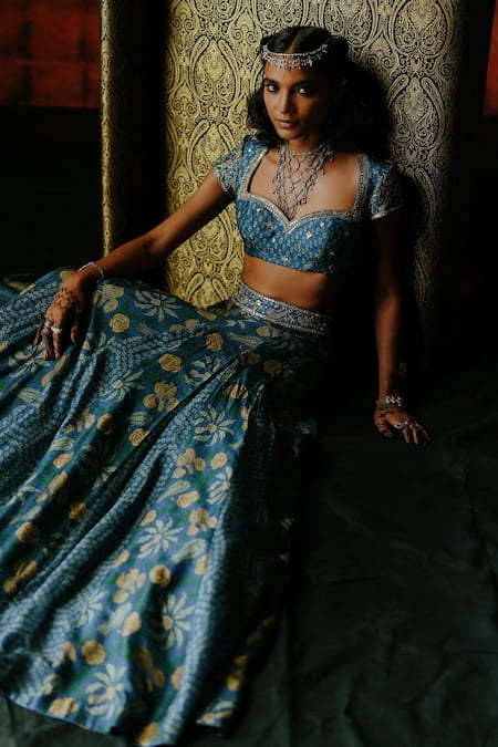Buy_Drishti & Zahabia_Blue Dupion, Silk, Organza Zari, Sequins, Indigo Ajrakh Printed Lehenga Set 