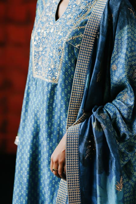 Drishti & Zahabia_Blue Silk Zari, Sequins, Mirrors Round Neck, Indigo Ajrakh Printed Kurta Set _Online_at_Aza_Fashions
