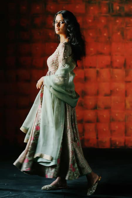 Drishti & Zahabia_Mint Chanderi Silk, Organza Zari, Sequins, Mirrors Ajrakh Print Anarkali Set _Online_at_Aza_Fashions
