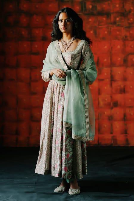 Buy_Drishti & Zahabia_Mint Chanderi Silk, Organza Zari, Sequins, Mirrors Ajrakh Print Anarkali Set _Online_at_Aza_Fashions