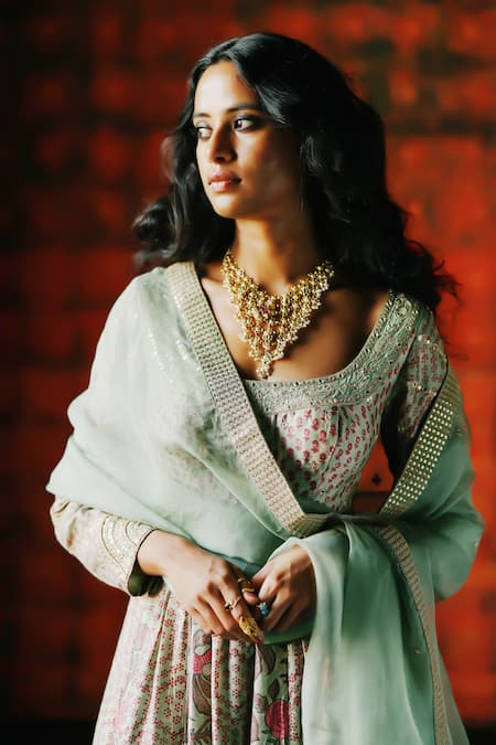 Shop_Drishti & Zahabia_Mint Chanderi Silk, Organza Zari, Sequins, Mirrors Ajrakh Print Anarkali Set _Online_at_Aza_Fashions