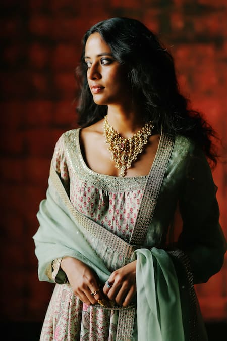 Buy_Drishti & Zahabia_Mint Chanderi Silk, Organza Zari, Sequins, Mirrors Ajrakh Print Anarkali Set 