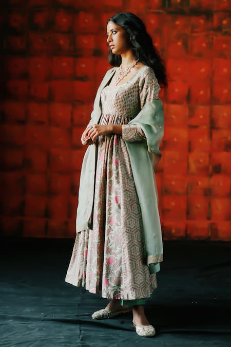 Drishti & Zahabia Mint Ajrakh Print Anarkali Set 